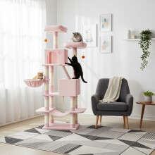 Cat Tree, 168 cm Large Cat Tower with 13 Scratching Posts, 1 Scratching Ramp, 2 Perches, 2 Caves, Basket, Hammock, Pompoms
