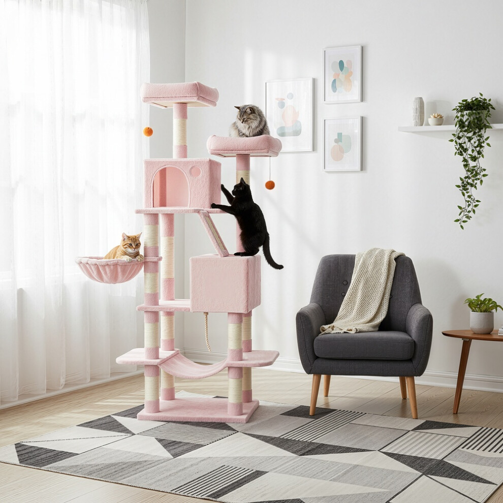 Feandrea Cat Tree, 168 Cm Large Cat Tower With 13 Scratching Posts, 1 Scratching Ramp, 2 Perches, 2 Caves, Basket, Hammock, Pompoms