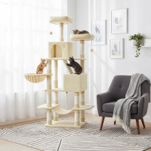 (Beige) Cat Tree, 168 cm Large Cat Tower Condo with 13 Scratching Posts, 1 Scratching Ramp, 2 Perches, 2 Caves, Basket, Hammock, Pompoms