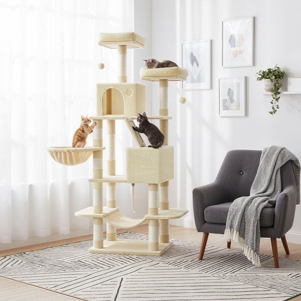 Feandrea (Beige) Cat Tree, 168 Cm Large Cat Tower Condo With 13 Scratching Posts, 1 Scratching Ramp, 2 Perches, 2 Caves, Basket, Hammock, Pompoms Beige