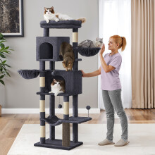(Dark Grey) Large Cat Tree, 175 cm Tall Cat Tower, Multi-Level Cat Condo with 2 Caves, 2 Baskets, 5 Scratching Posts, Self-Groomer, Perch, Hammock