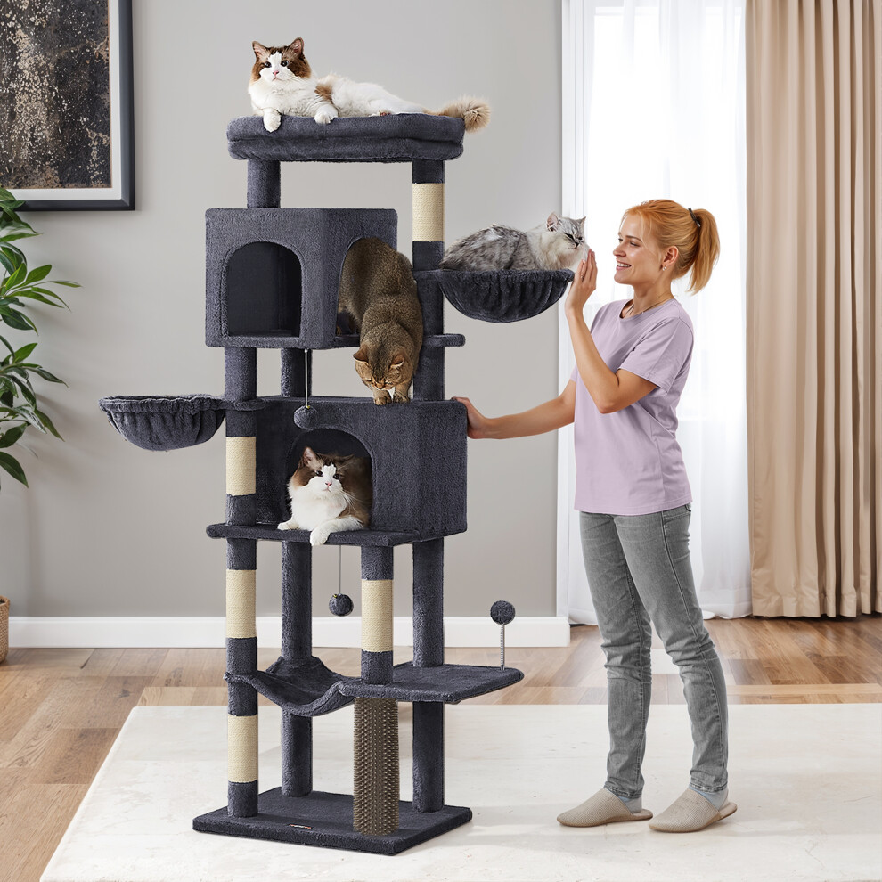 Feandrea ( Grey) Large Cat Tree, 175 Cm Tall Cat Tower, Multi-Level Cat Condo With 2 Caves, 2 Baskets, 5 Scratching Posts, Self-Groomer, Perch, Hammock Dark/Grey