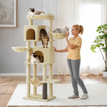 (Grey, Beige) Large Cat Tree, 175 cm Tall Cat Tower, Multi-Level Cat Condo with 2 Caves, 2 Baskets, 5 Scratching Posts, Self-Groomer, Perch, Hammock