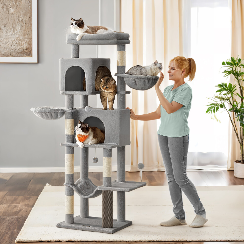 Feandrea (Dove ) Large Cat Tree, 175 Cm Tall Cat Tower, Multi-Level Cat Condo With 2 Caves, 2 Baskets, 5 Scratching Posts, Self-Groomer, Perch, Hammock Grey