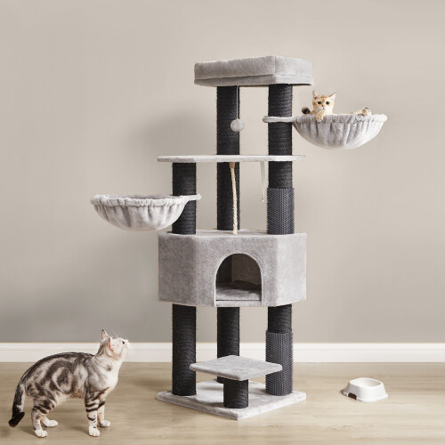 FEANDREA Self-Warming Cat Tree with Thick Scratching Posts & Groomers