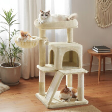 Large Cat Tree with 2-Door Cave, Scratching Ramp, Pompom