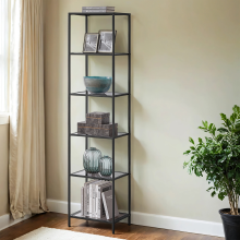 6-Tier Glass Shelf, Bookshelf, Storage Rack, Tempered Glass, Easy Assembly, Bathroom, Living Room, Grey
