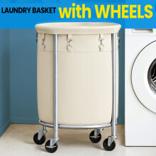 (White, Silver) Laundry Basket on Wheels, Laundry Trolley 110L, Round Laundry Hamper with Steel Frame and Removable Bag