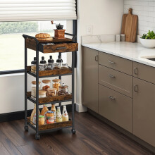 Storage Trolley, 4-Tier Rolling Cart with Table Top, Handles, 4 Lockable Castors, Top Drawer, Mesh Shelves
