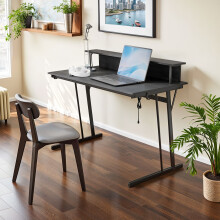Gaming Desk with LED Lights and Built-In Power Outlets, Computer Desk with Monitor Shelf, Gaming Table for 2 Monitors