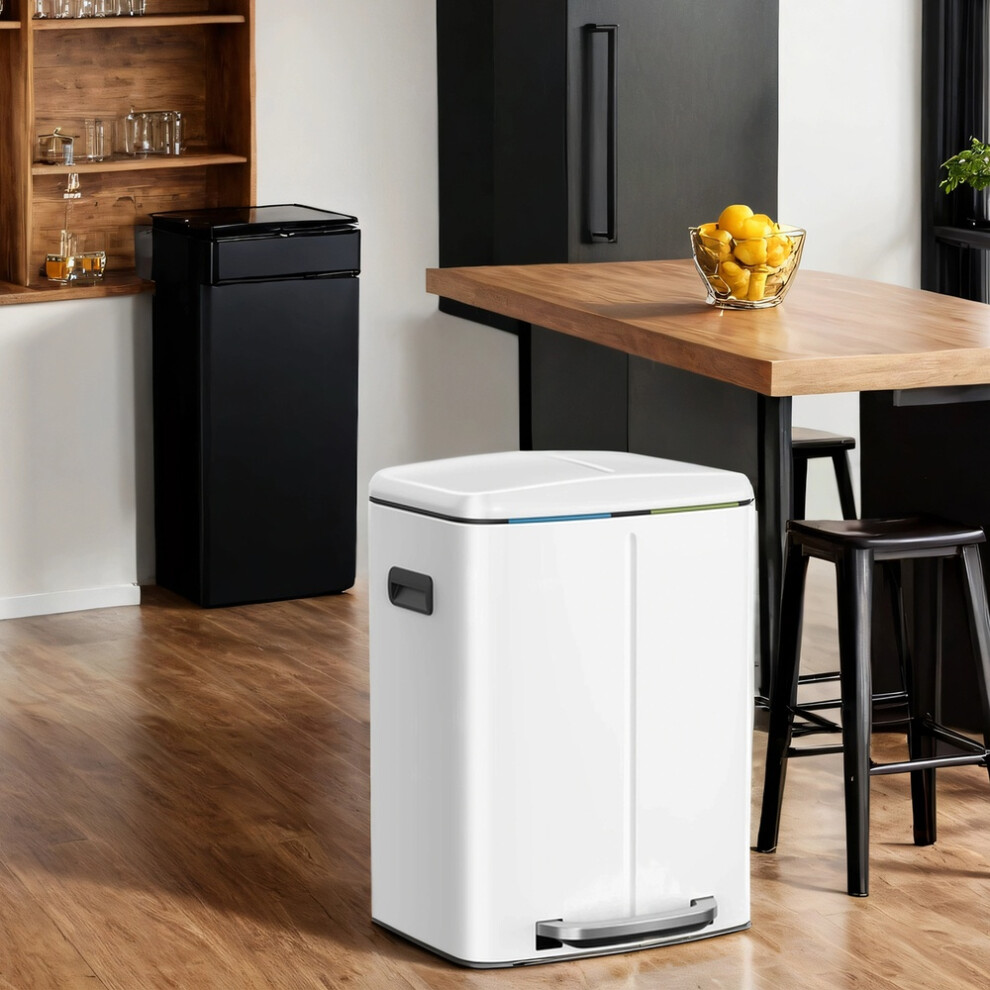 Songmics 40L Double Kitchen Bin With Lids, Rubbish Bin, Soft Close With Plastic Inner Buckets, White