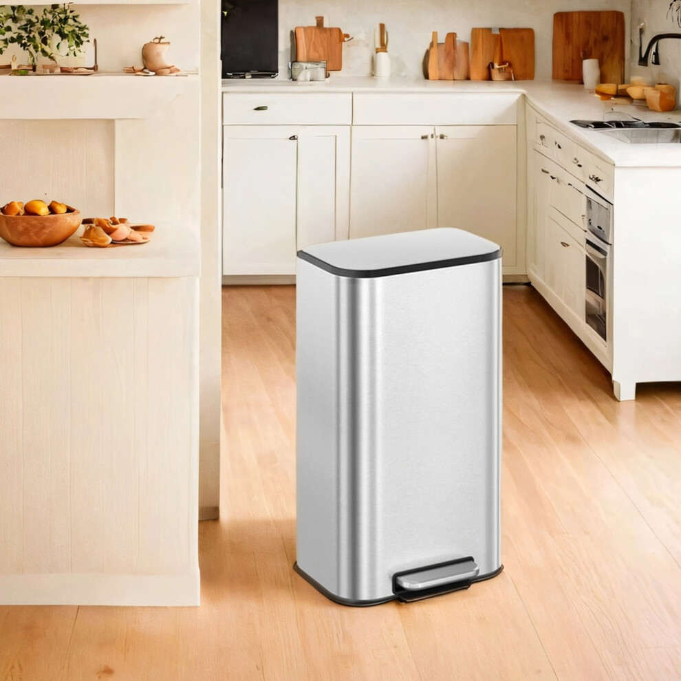 Songmics Kitchen Bin, 30 L Pedal Bin, Steel Trash Bin, Soft-Close Lid, Stays Open, Inner Bucket, Wide Non-Slip Pedal