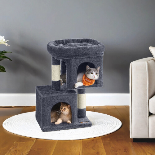 FEANDREA Cat Tree, Cat Tower, with Large Cat Perch, 2 Cat Caves, Scratching Post, Dark Gray