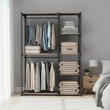 Freestanding Foldable Closet Wardrobe With Coat Rack And Clothes Rails, Open Storage Organizer For Bedroom Cloakroom, Taupe