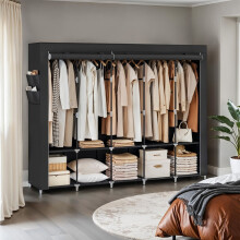 Portable Closet, Large Capacity Wardrobe Closet Organizer with Cover, 5 Hanging Rods and Shelves, Black