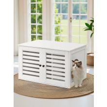 Cat Litter Box Cabinet Furniture with Removable Divider, Cat House End Table, White