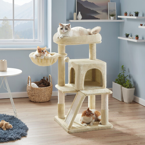FEANDREA Large Cat Tree with 2-Door Cave, Scratching Ramp, Pompom 2
