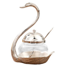 Sugar Bowl with Lid and Spoon, Condiment Container Glass Jar with Swan Shaped Stand Elegant Kitchen Storage Organizer for Salt Sugar Storage, Spice Co