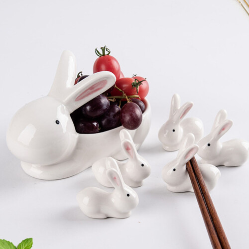 3 Sets Keramik Essstäbchenhalter Hase Form Weiß 2