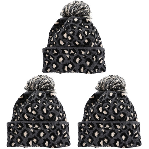3Stk Damen Strickmütze Leopardmuster Für Herbst Winter 1