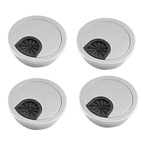 4 Tapas pasacables redondas de plástico plateado para escritorio. 1