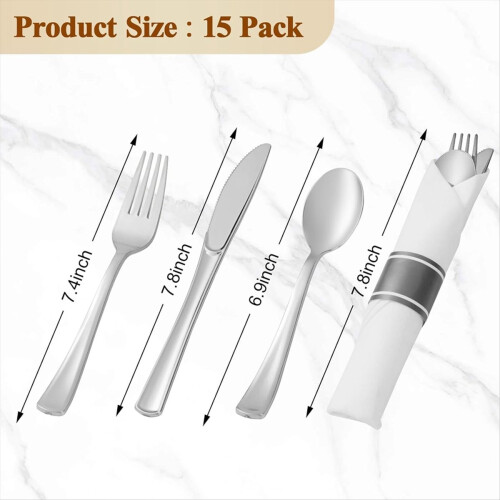 Pre Rolled Silver Plastic Silverware Set,Pre Napkins with Cutlery Set 2