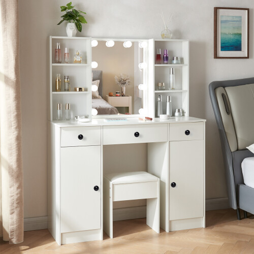 5 Drawer Makeup Desk Dresser &LED Mirror +Stool UK 1