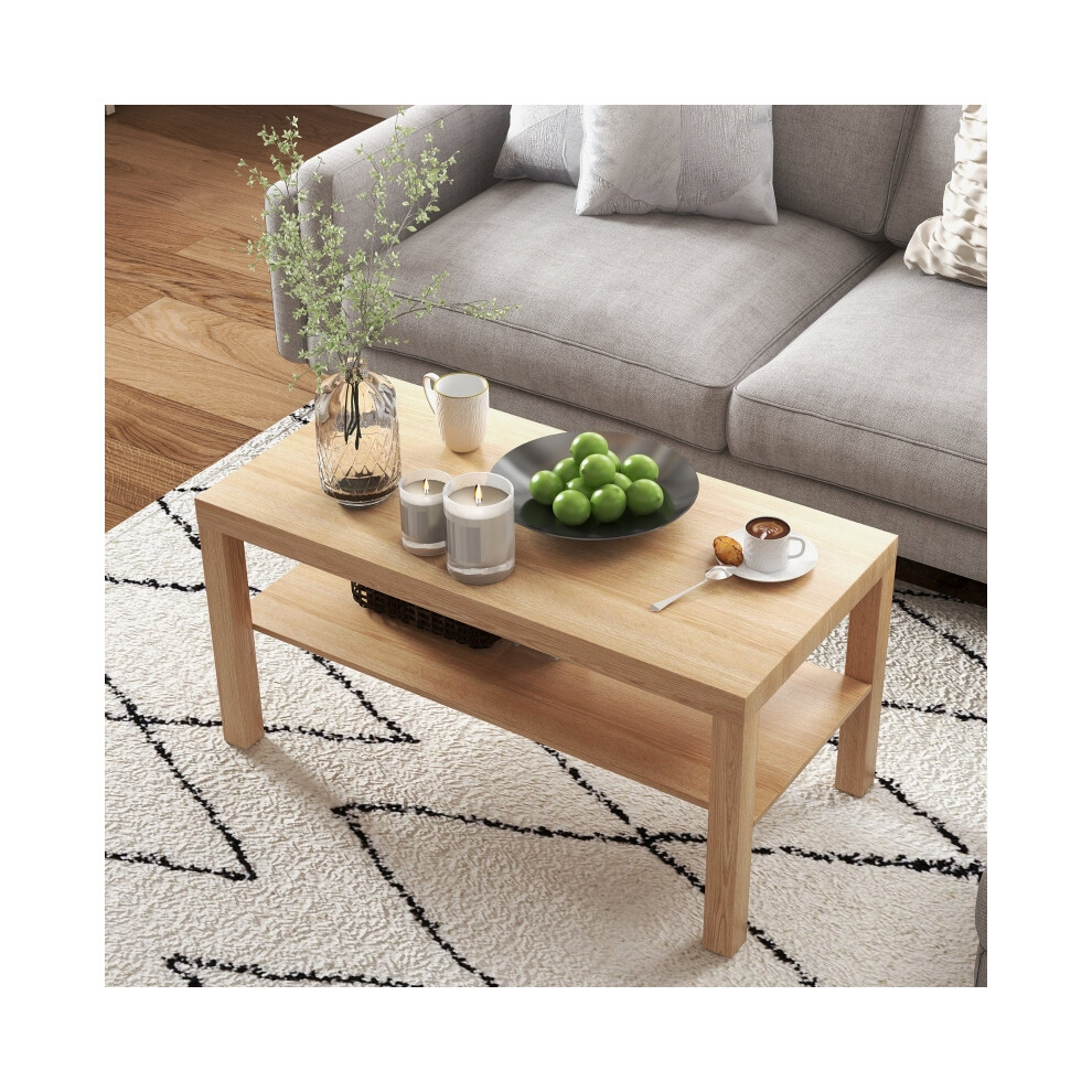 Center Table with Storage Shelf HOMCOM 2-Tier Coffee Table for Living Room & Home Office Rectangular Natural Wood Finish-image-OPC-PMV6CKJ-NEW