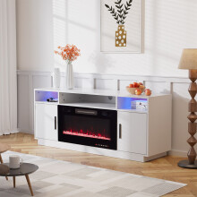 White Electric Fireplace TV Stand | Large Media Cabinet with 12 Flame& Back Colours