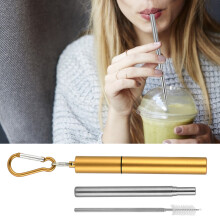 Umweltfreundliches wiederverwendbares Edelstahl-Strohhalm-Set mit goldfarbenem Aluminiumetui + Reinigungsbürste