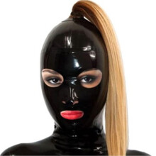 BDSM Latex Hood With Ponytail, Open Eyes And Mouth, Back Zipper, Natural Latex, Unisex Halloween, Size L 68cm, Handmade