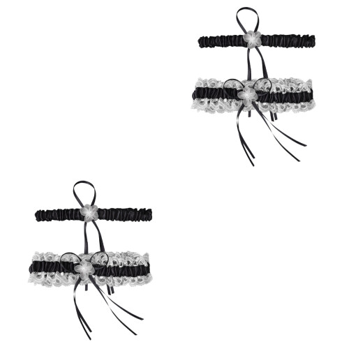 2 Paren Bruiloftsgarters Met Kant Dijring Bloemendesign Zwart/Wit 2