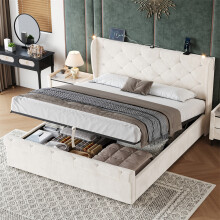 Beige Velvet 4ft6 Storage Bed, Charging Station