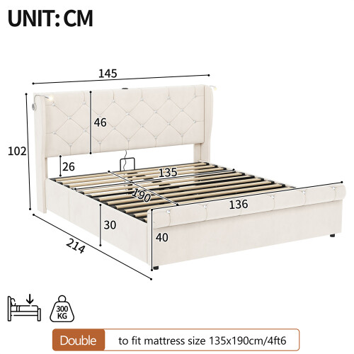 Beige Velvet 4ft6 Storage Bed, Charging Station 1
