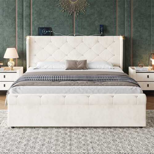Beige Velvet 4ft6 Storage Bed, Charging Station 2