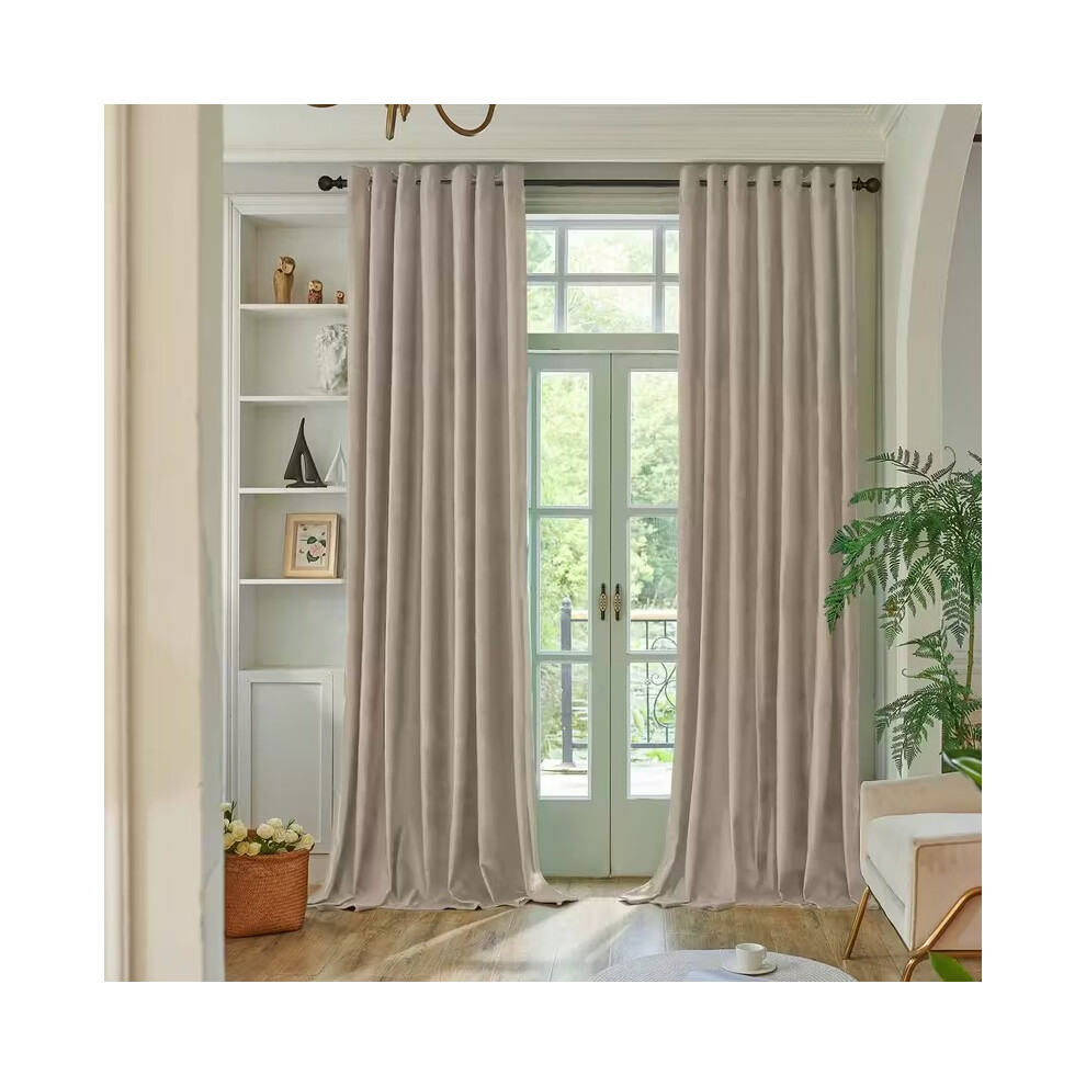 (Beige, 66" x 72" (168cm x 183cm)) 100% Blackout Curtains Crushed Velvet & Linen Curtains Pair with Tie Backs-image-OPC-PBZ5TX8-NEW