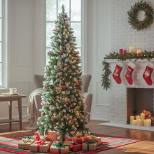 6FT/1.8M Snow Flocked Slim Christmas Tree with Pine, Berries& Foldable Metal Stand