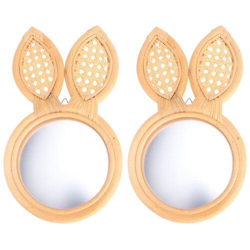 2Pcs Handmade Rattan Makeup Mirror Woven Khaki Wall Hanging Decor 1