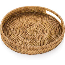 Vassoio da portata in rattan naturale intrecciato a mano, perfetto per un arredamento rustico e multiuso, con robuste maniglie per il trasporto,