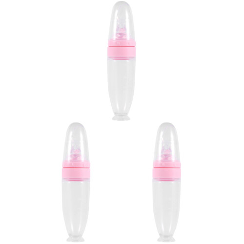 3Pcs Frascos Compressão com Colheres Silicone Bebê Rosa 1