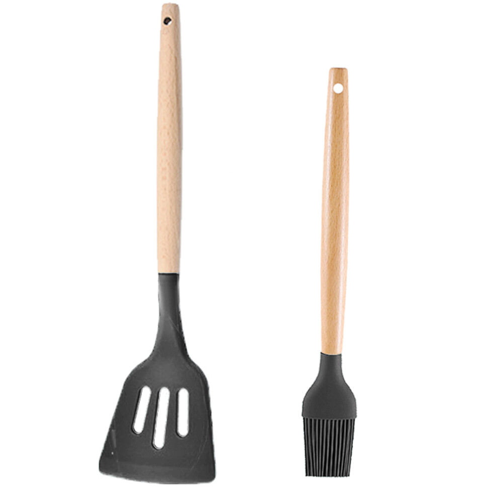 Heat-resistant Head Cooking Utensils, Versatile Kitchen Tools For Nonstick Cookware, Silicone Cooking Utensil Set, Ergonomic Wooden Handle, 2 Pcs, Ess-image-OPC-PMVKFS9-NEW