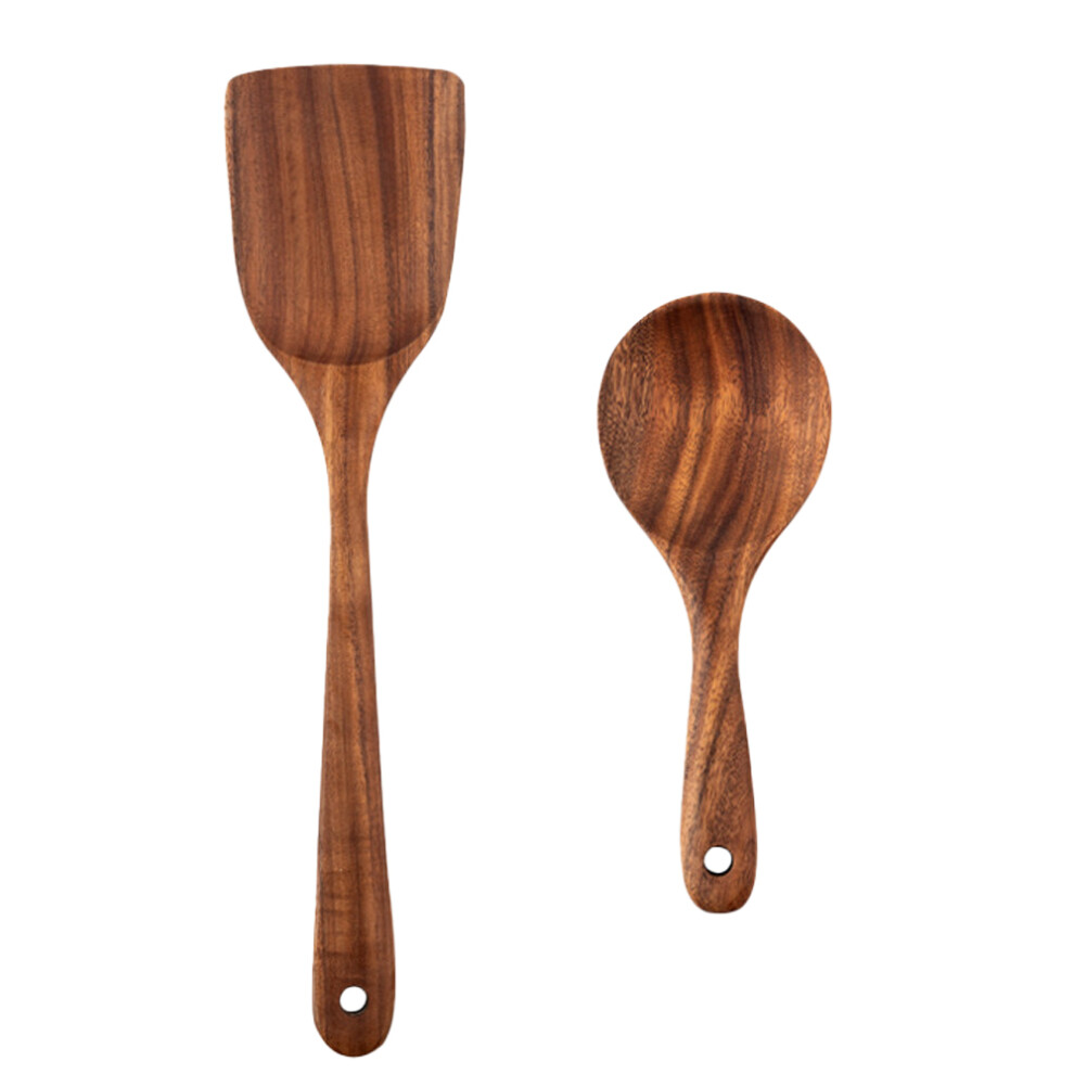 Solid Teak Wood Cooking Utensils for Non-Stick Cookware, Easy Cleaning Tools with Unique Grain Pattern, Comfortable Grip for Culinary Creativity (2 Pi-image-OPC-PMVKFX8-NEW