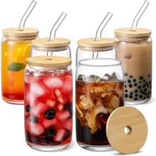 Copos para café gelado, opções versáteis para smoothies, chá de bolhas, uísque e água, conjunto de 6 copos de vidro com tampas de bambu,