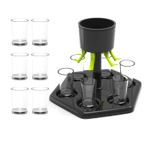 Dispensador de copos com dosador, feito de material próprio para alimentos, com 6 copos de plástico para servir bebidas, sidra e coquetéis.