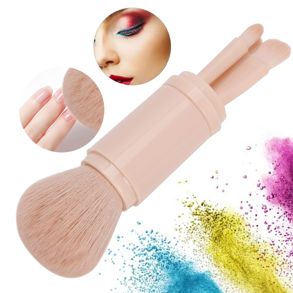 Pink Portable Makeup Powder Brush Set Retractable With Fiber Bristles & Lid