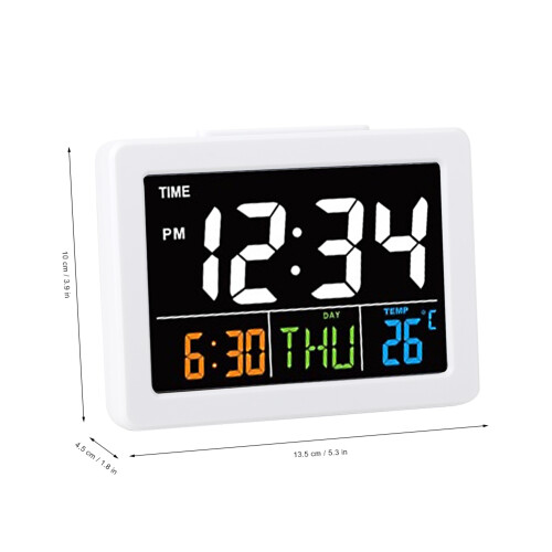 Elektronischer Tischwecker mit großem LCD-Display & Temperatur/Datum, Weiß 2
