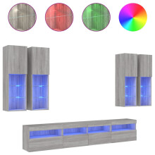 (grey sonoma) vidaXL TV Wall Cabinet Set 7 Piece with LED Lights Floating TV Wall Units
