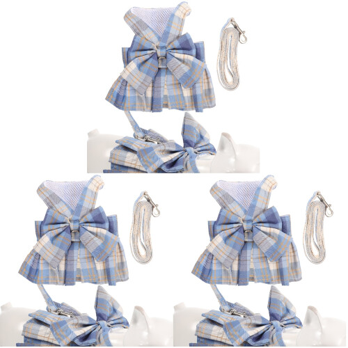 3Pcs Small Pet Bunny Harness with Bow Design and Leash Sky-Blue Set 1