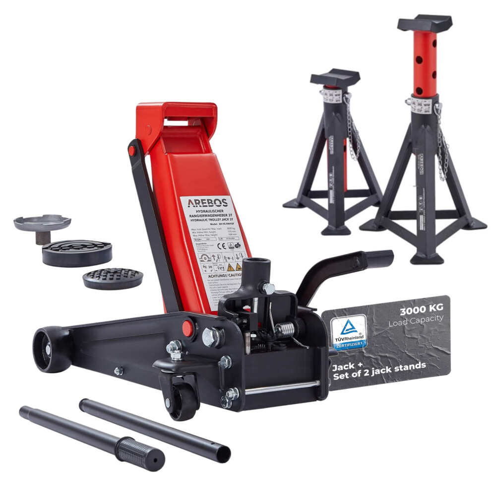AREBOS 3T Hydraulic jack with foot pedal | 2x jack stands | 3 tons load capacity | 2 supports | jack stands car-image-OPC-PCN7SVH-NEW