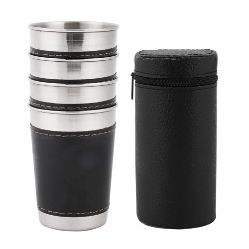 Set aus 4 Mini 170ml Edelstahl-Kaffeekelchen mit Lederhülle 1